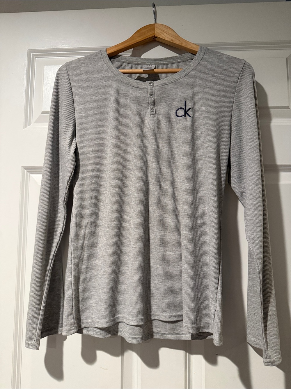 Calvin Klein Gray Ribbed Long-Sleeve Henley with CK Logo
